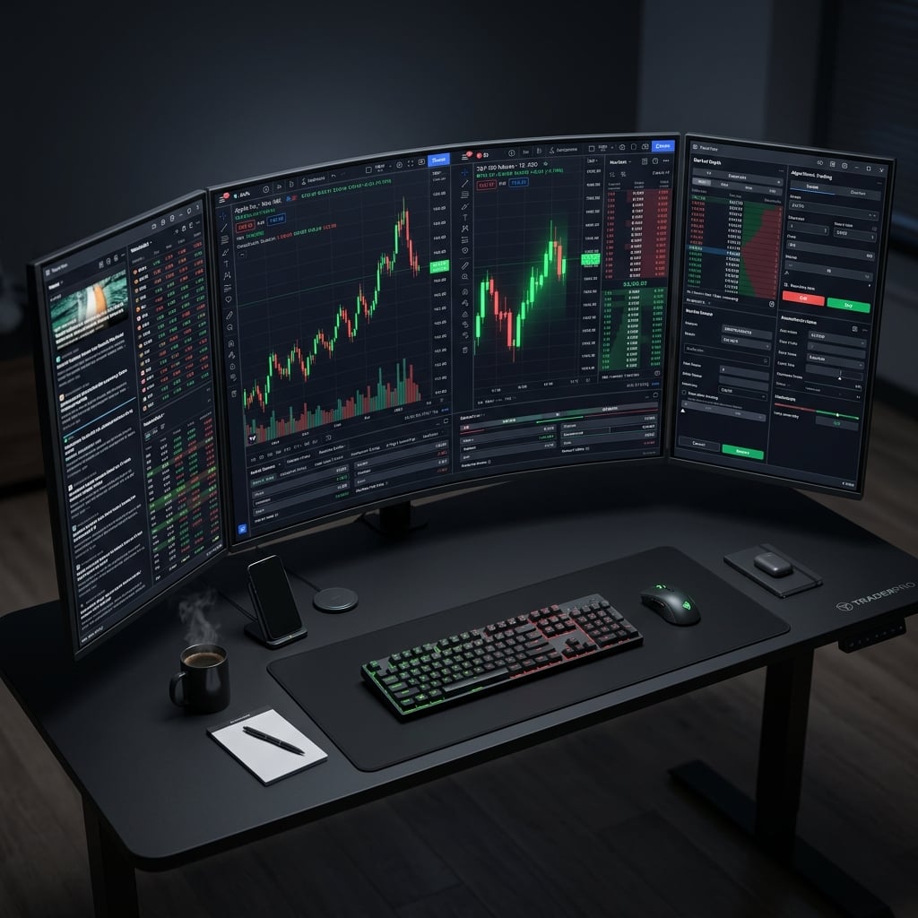 Professional multi-monitor trading workstation with candlestick charts